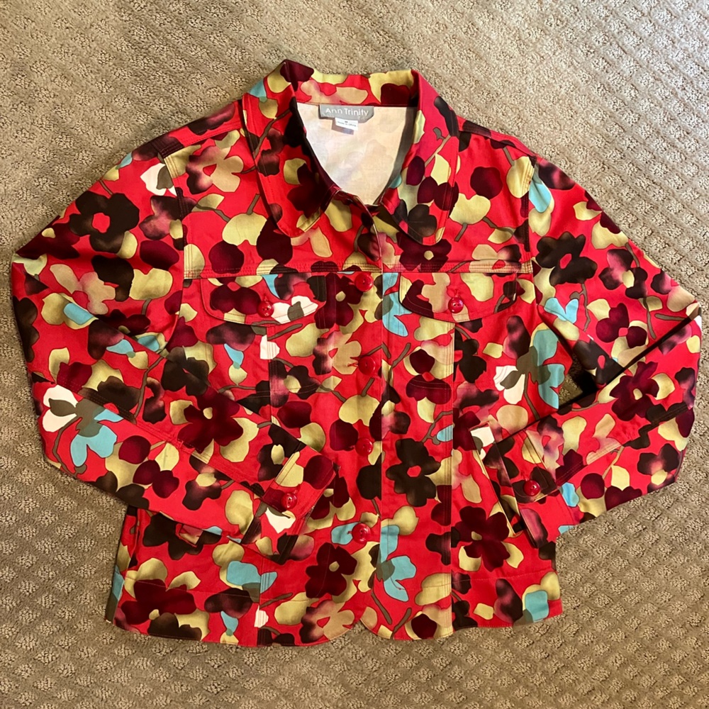 Ann Trinity Red Floral Jacket Cotton Stretch Sz Medium